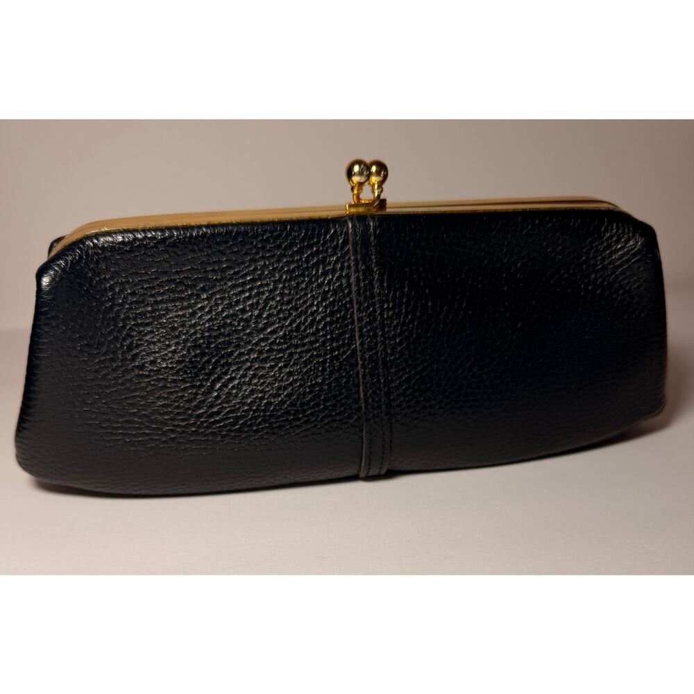 Vintage Mid Century Letisse Leather Navy Blue Clutch with Brass Plated Frame